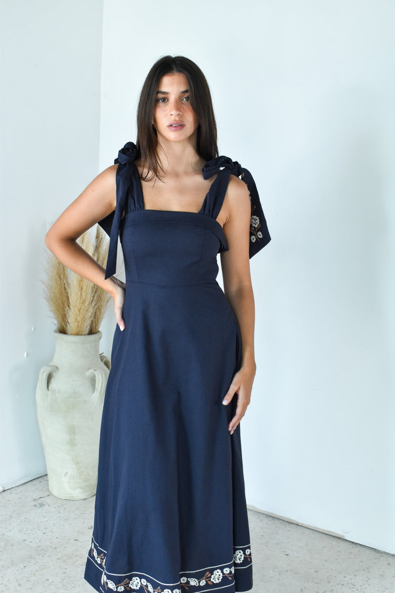 Navy Tie Side Midi Dress