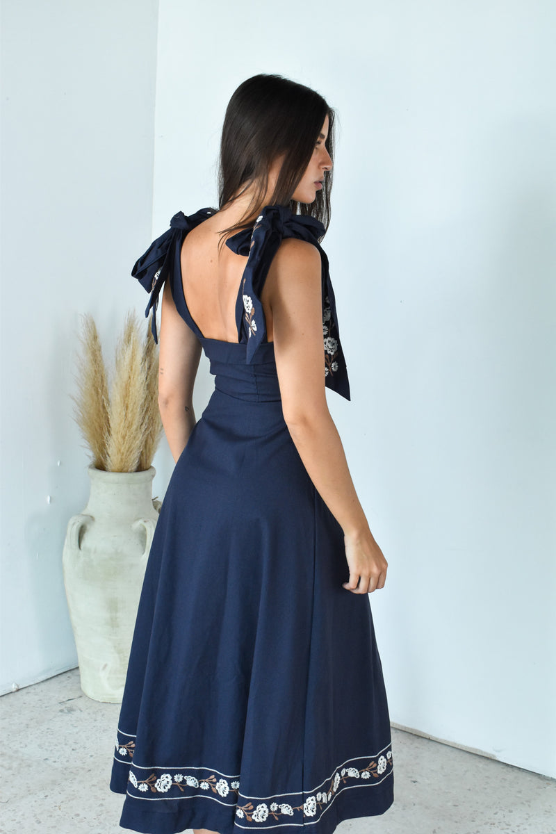 Navy Tie Side Midi Dress