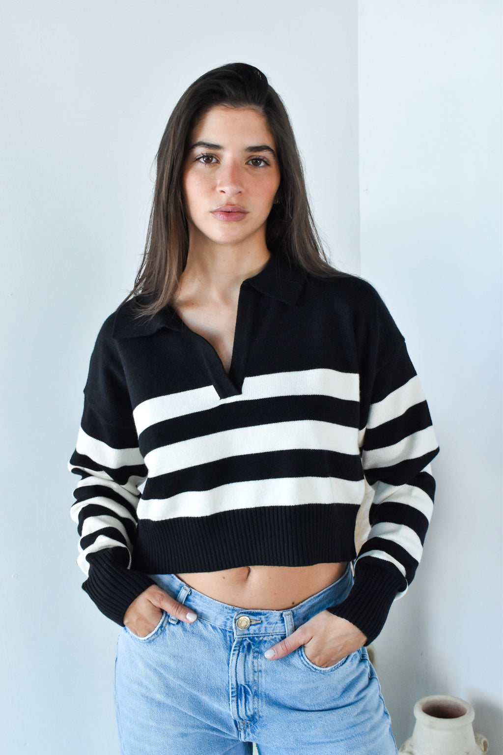 Black Collar Stripe Top