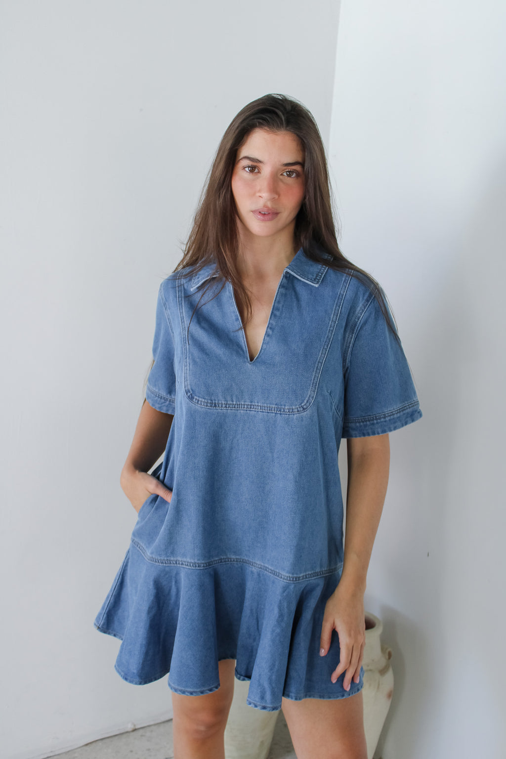 Denim Ruffle Hem Line Dress