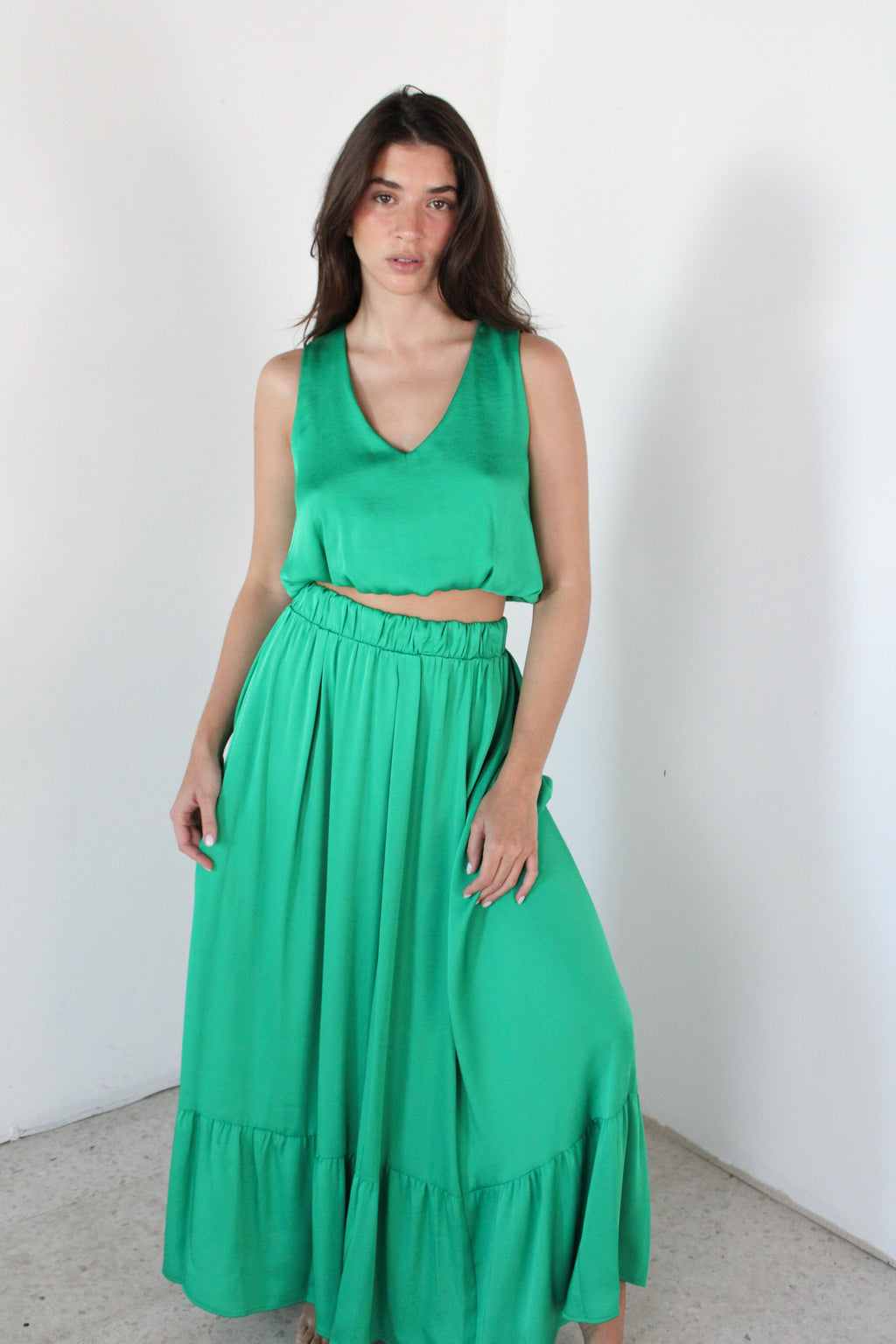 Green Satin Bubble Top & Skirt Set