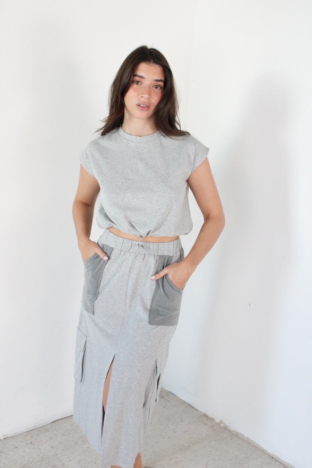 Grey SS Top & Cargo Skirt Set