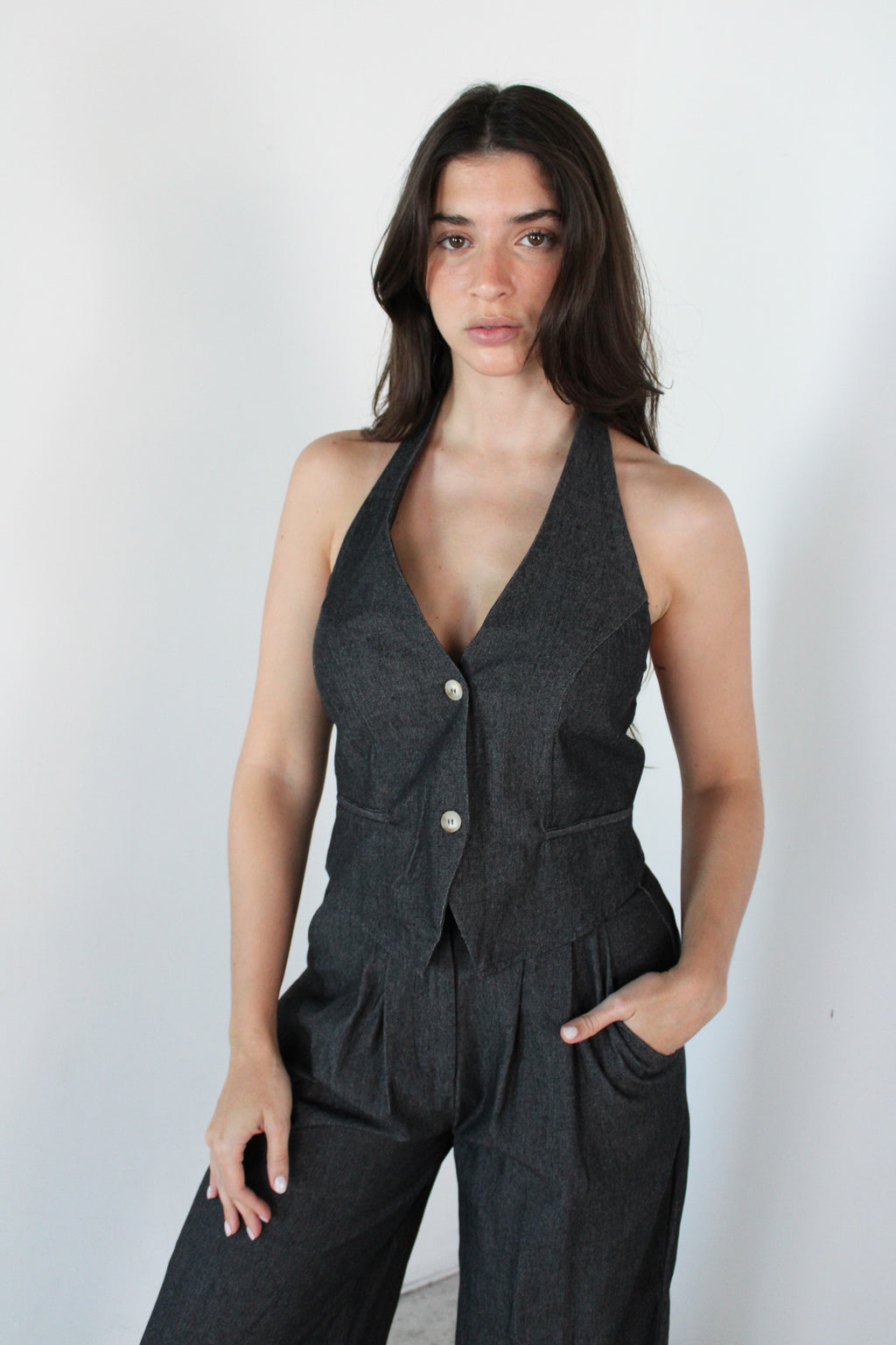 Grey Denim Halter Set