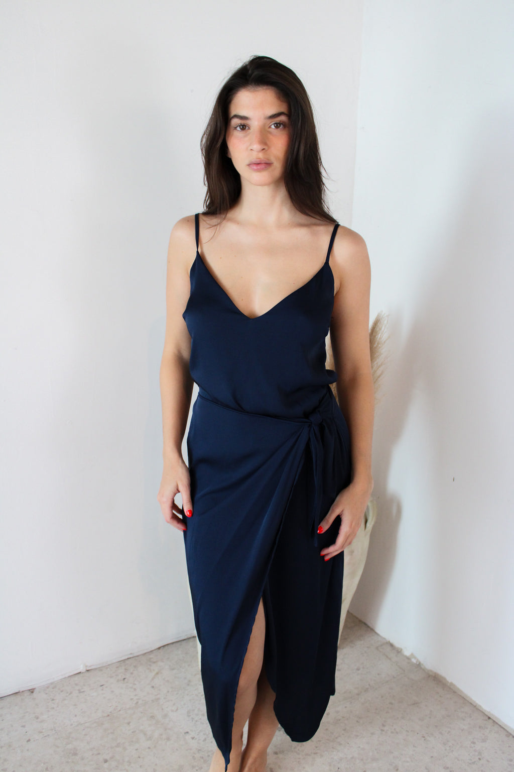 Navy Satin Wrap Dress