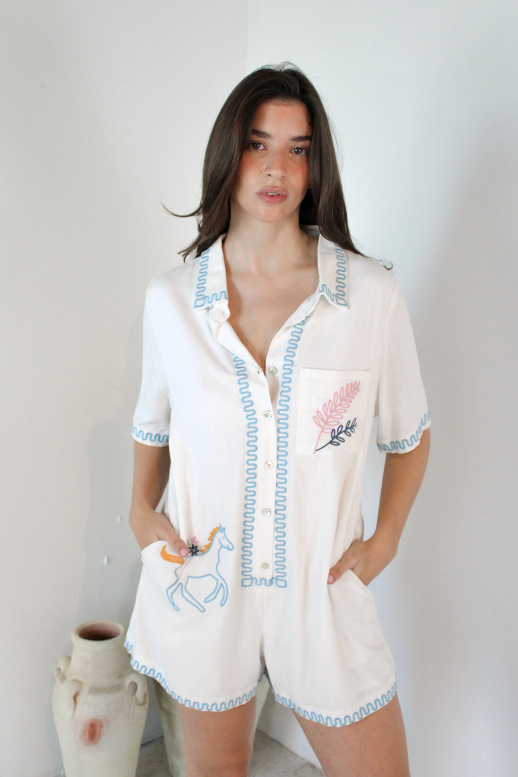 Embroidered Button Down Romper