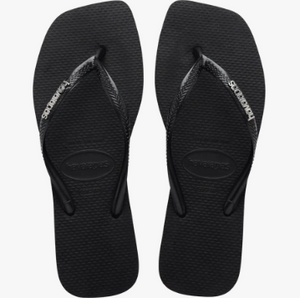 Black Silver Slim Square Logo Metallic Flip Flops