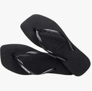 Black Silver Slim Square Logo Metallic Flip Flops