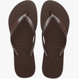 Dark Brown Slim Logo Metallic Flip Flops